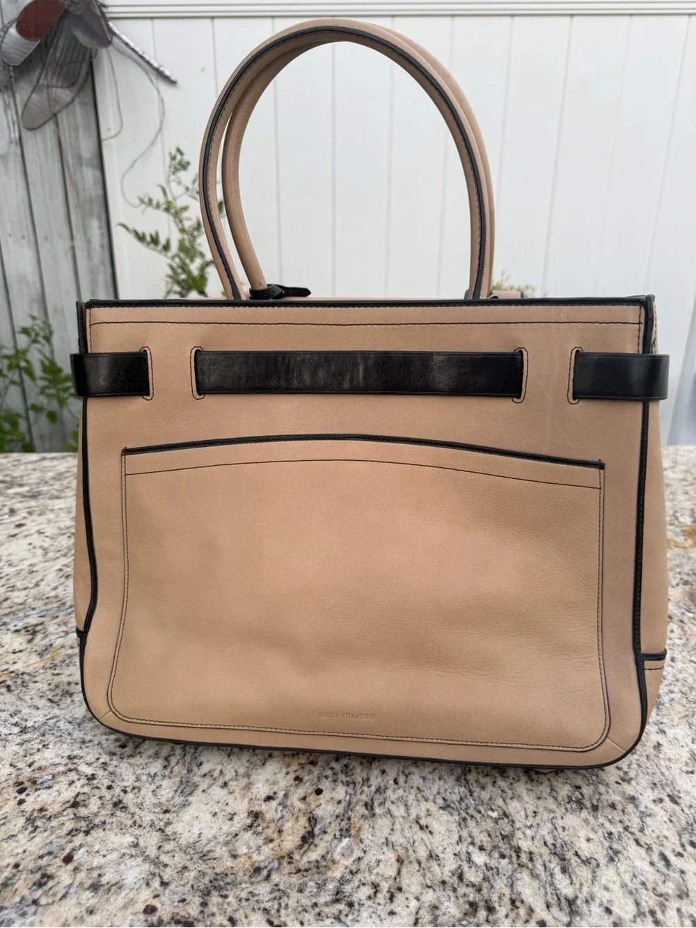Men's Leather Tote Bag in Beige with Black Trim